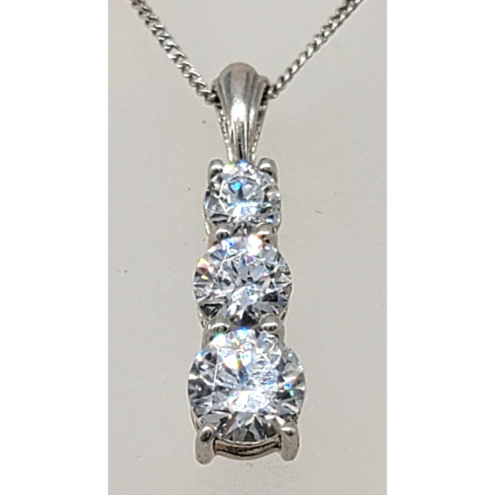 Quartz CZ Past Present Future Pendant Necklace Chain 925 Sterling Clear Sparkly!